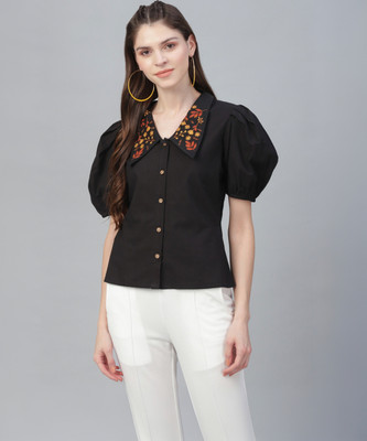 ATHENA Casual Half Sleeve Embroidered Women Yellow Top