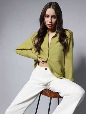 WHY SO FAB Casual Solid Women Green Top