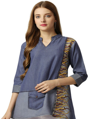french crown Casual Color Block Women Dark Blue Top