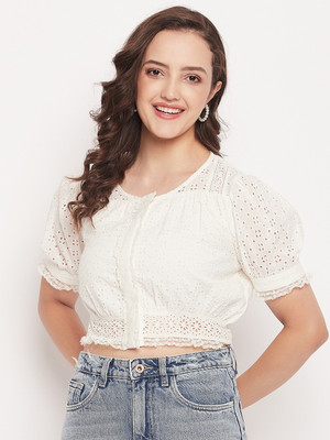 MADAME Casual Embroidered Women White Top