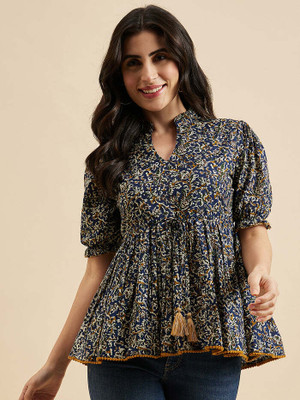 SANTOLIYA Casual Floral Print Women Blue Top