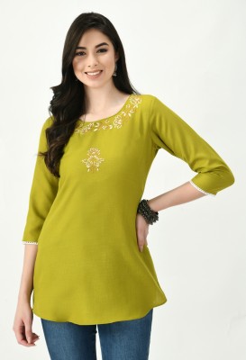 Meesan Casual Embroidered Women Green Top