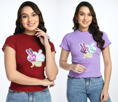 GLADLY Casual Printed Women Maroon, Purple Top