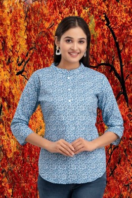 Western Cotton Casual Printed Women Blue Top