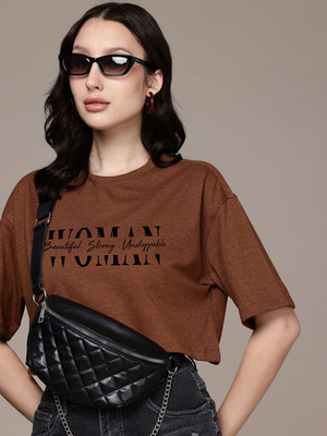 Moda Rapido Casual Graphic Print Women Brown Top
