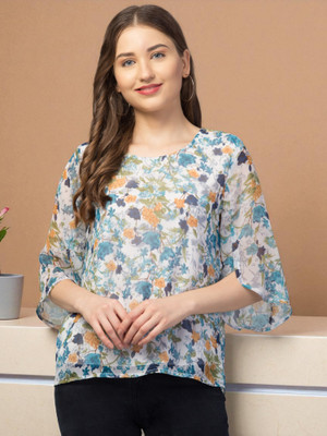Elavia Casual Floral Print Women Blue Top