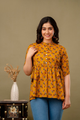 craftwell studio Casual Self Design Women Orange Top