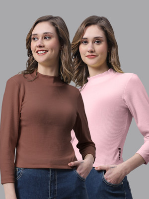 FBAR Casual Self Design Women Brown, Pink Top