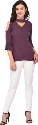 PURYS Casual Cold Shoulder Solid Women Purple Top