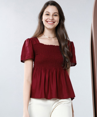 Tokyo Talkies Casual Short Sleeve Solid Women Red Top
