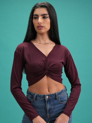 Tokyo Talkies Casual Solid Women Brown Top
