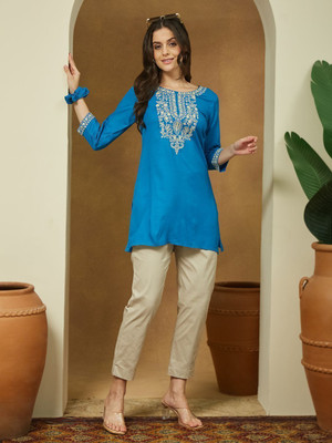 Janasya Casual Embroidered Women Blue Top