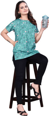 aiiroxin Printed Women Round Neck Light Blue T-Shirt