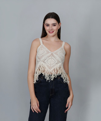 Fabme Beach Wear Self Design Women Brown Top