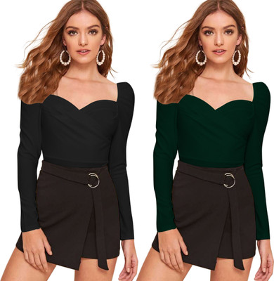 Maheshvi Casual Solid Women Dark Green, Black Top