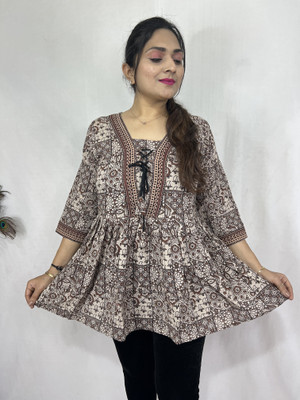 Lefri Handicraft Party Geometric Print Women White Top