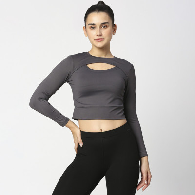Laasa Sports Casual Solid Women Grey Top