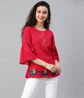 Yash Gallery Casual Bell Sleeve Embroidered Women Pink Top