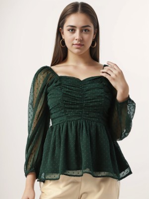 GlowRist Casual Self Design Women Dark Green Top