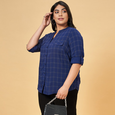 Honey Curvytude by Pantaloons Casual Checkered Women Dark Blue Top