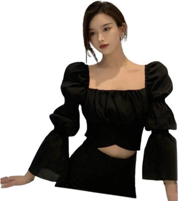 HouseOfCommon Casual Solid Women Black Top