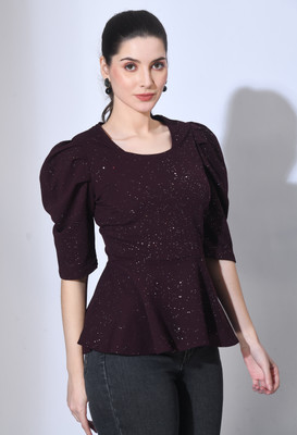 SFOTY Casual Self Design Women Purple Top