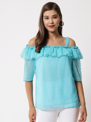 Elizy Casual Self Design Women Light Blue Top