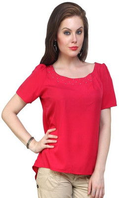 PANNKH Casual Short Sleeve Solid Women Pink Top