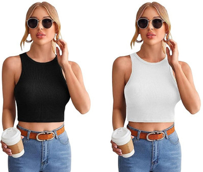 SriSaras Casual Solid Women White, Black Top