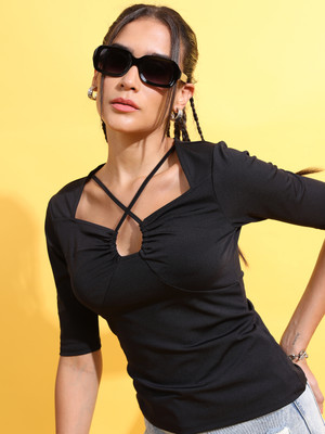 Tokyo Talkies Casual Solid Women Black Top
