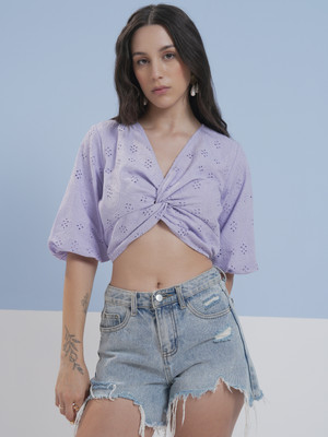 Vishudh Casual Embroidered Women Purple Top
