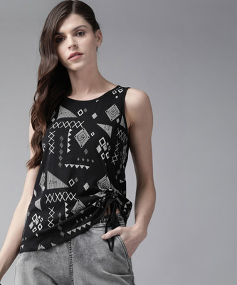 Roadster Casual Sleeveless Printed Women Black Top
