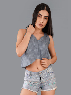 french crown Casual Checkered Women Grey Top