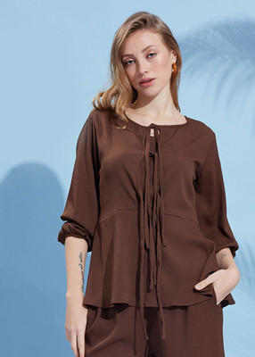 FashFun Casual 3/4 Sleeve Solid Women Brown Top