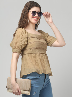 clobug Casual Embroidered Women Brown Top