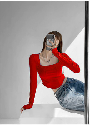 Leoty Casual Solid Women Red Top