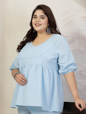 Little More By Stylum Casual Self Design Women Light Blue Top