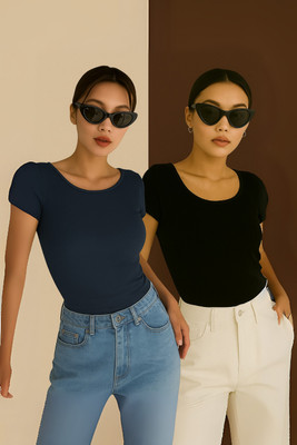 Rockwell Casual Solid Women Black, Dark Blue Top