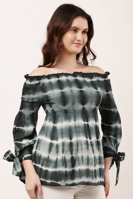 CLOTHINK India Casual Tie & Dye Women Dark Green Top