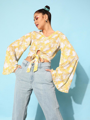 STREET9 Casual Floral Print Women Yellow Top