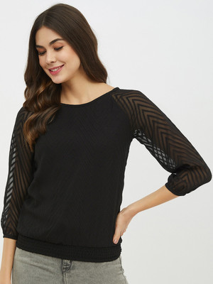HARPA Casual 3/4 Sleeve Solid Women Black Top