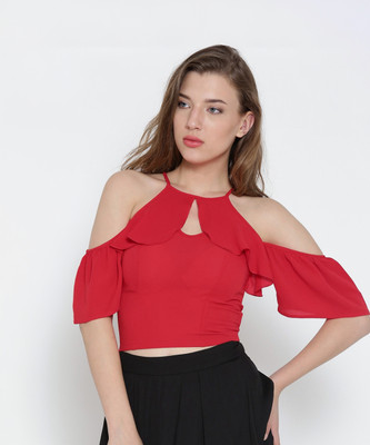 VENI VIDI VICI Casual Shoulder Strap Self Design, Printed, Solid Women Red Top