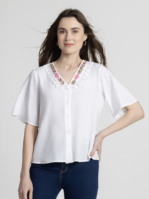 SHAYE Casual Printed Women White Top