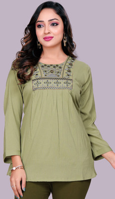 MAPRI Casual Embroidered Women Light Green Top