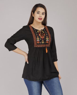 badthuniya fab Casual Embroidered, Solid Women Black Top