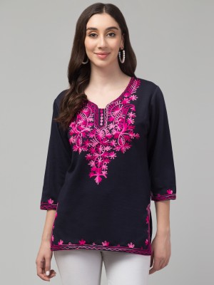 FamBee Casual Embroidered Women Dark Blue Top