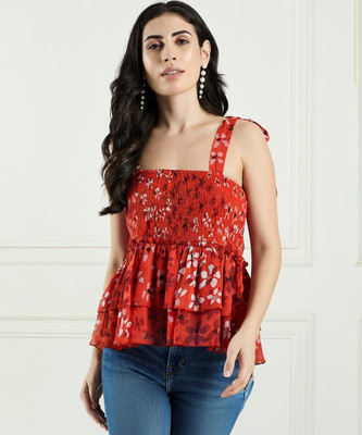 DRAPE AND DAZZLE Casual Printed Women Orange Top