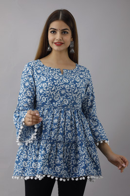 Sawara fashion Casual Floral Print Women Blue Top