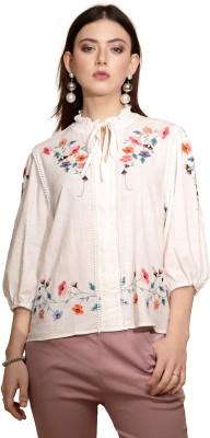 GLOBAL REPUBLIC Casual Embroidered Women White Top