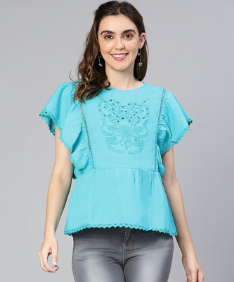 OXOLLOXO Casual Embroidered Women Blue Top